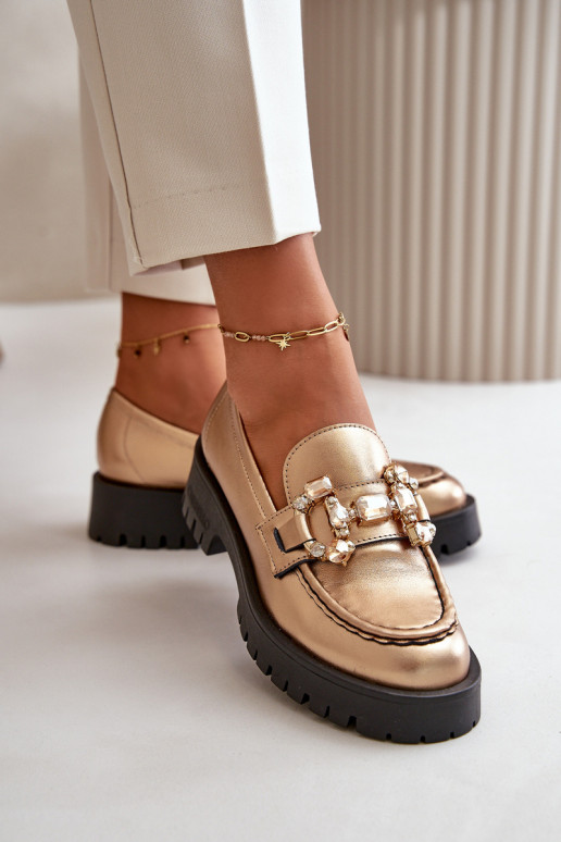 Moteriškas Oda Mokasinai su ornamentais CheBello 4369 aukso spalvos