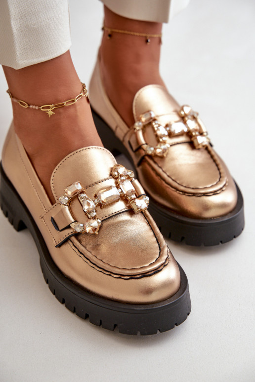 Moteriškas Oda Mokasinai su ornamentais CheBello 4369 aukso spalvos