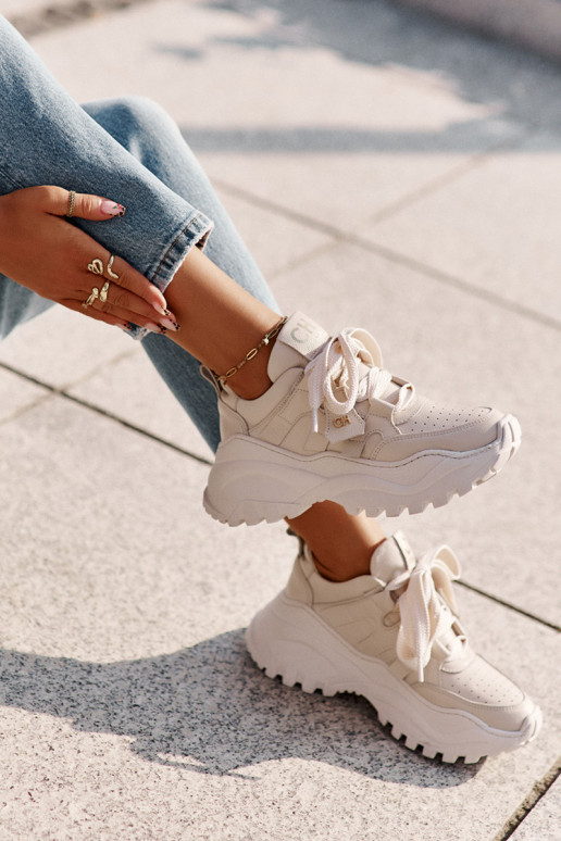 Moteriškas Oda Sneakers modelio batai smėlio spalvos CheBello 4583