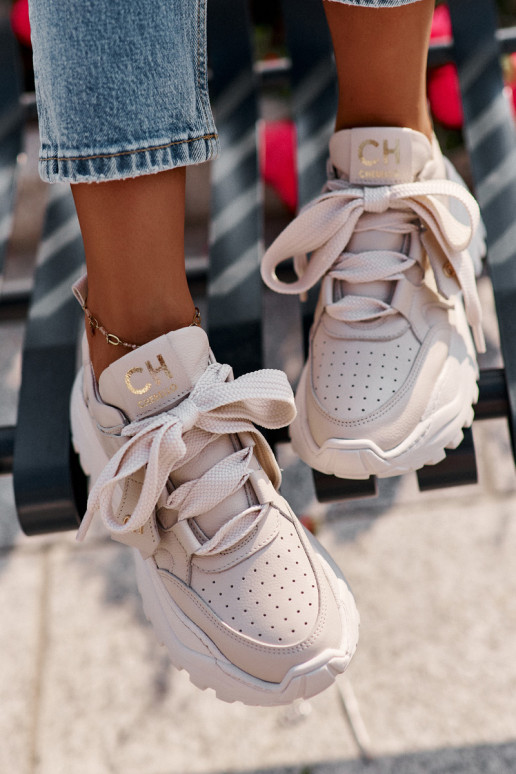 Moteriškas Oda Sneakers modelio batai smėlio spalvos CheBello 4583