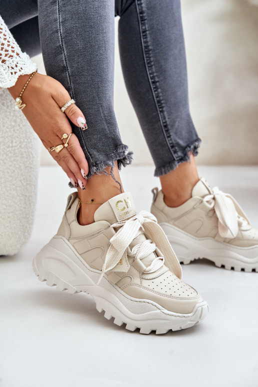 Moteriškas Oda Sneakers modelio batai smėlio spalvos CheBello 4583