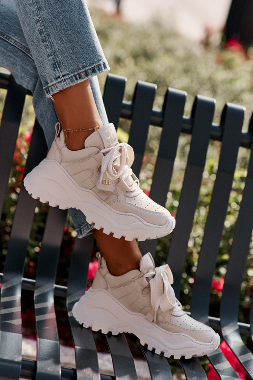 Moteriškas Oda Sneakers modelio batai smėlio spalvos CheBello 4583