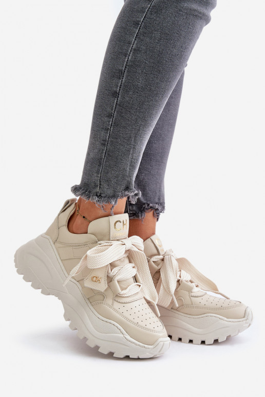 Moteriškas Oda Sneakers modelio batai smėlio spalvos CheBello 4583