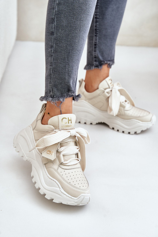 Moteriškas Oda Sneakers modelio batai smėlio spalvos CheBello 4583