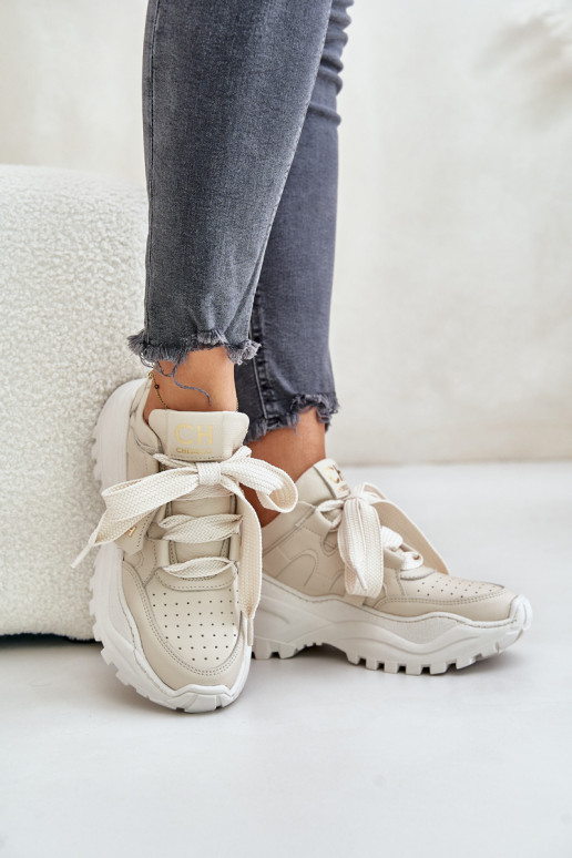 Moteriškas Oda Sneakers modelio batai smėlio spalvos CheBello 4583