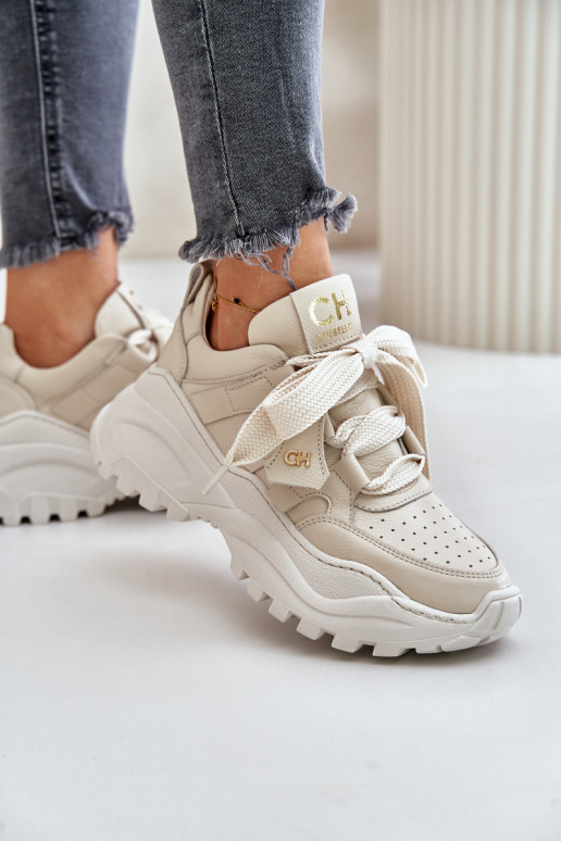 Moteriškas Oda Sneakers modelio batai smėlio spalvos CheBello 4583