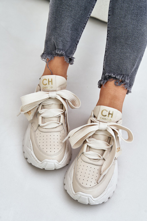 Moteriškas Oda Sneakers modelio batai smėlio spalvos CheBello 4583
