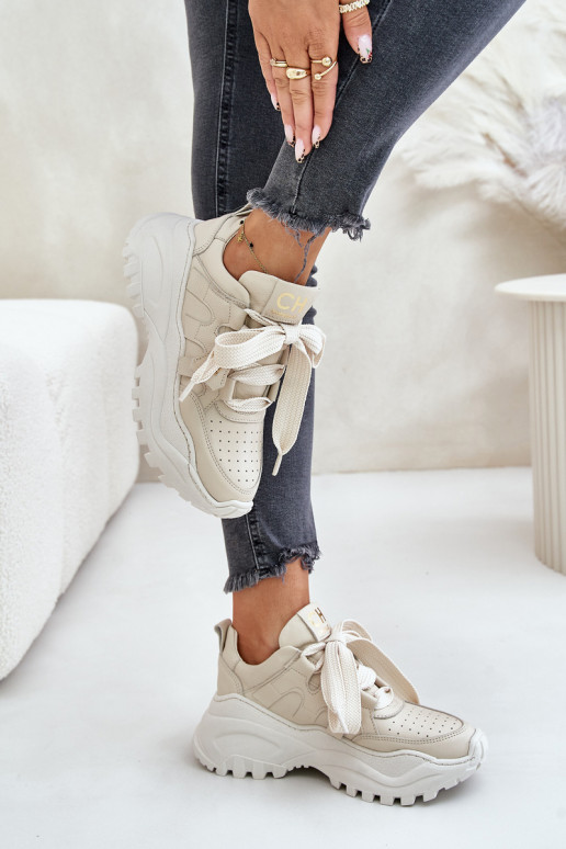 Moteriškas Oda Sneakers modelio batai smėlio spalvos CheBello 4583