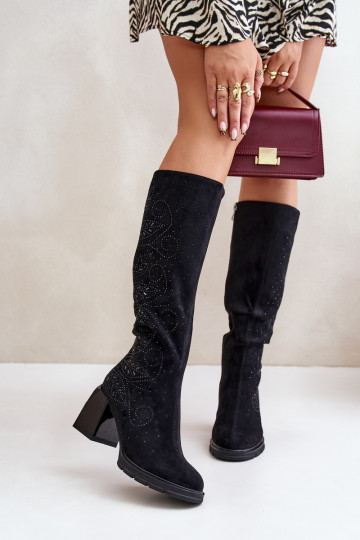 Dekoruotos moteriški ilgaauliai batai Prieš Kelį pašiltinti su kulniukais MR880-158 juodos spalvos 2