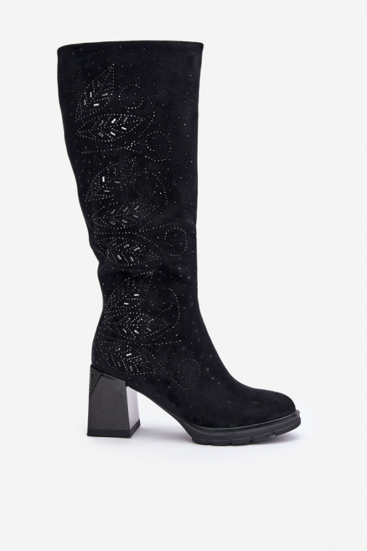 Dekoruotos moteriški ilgaauliai batai Prieš Kelį pašiltinti su kulniukais MR880-158 juodos spalvos