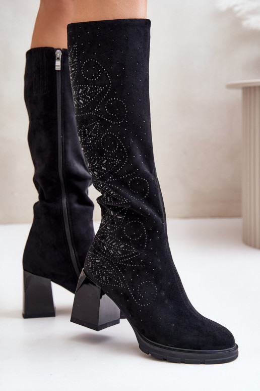 Dekoruotos moteriški ilgaauliai batai Prieš Kelį pašiltinti su kulniukais MR880-158 juodos spalvos