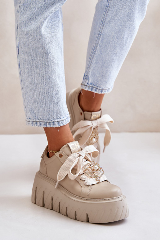 Sneakers modelio batai Moteriškas su madingais masyviais padais su aukso spalvos detalėmis CheBello 4530 smėlio spalvos