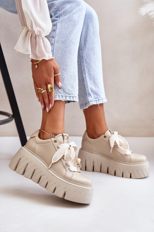 Sneakers modelio batai Moteriškas su madingais masyviais padais su aukso spalvos detalėmis CheBello 4530 smėlio spalvos