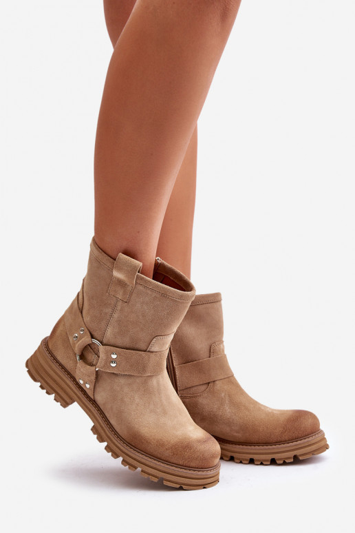 Zomšiniai batai Moteriškas su plačiais kulniukais LeĮskis 3610 smėlio spalvos Zomšiniai batai Moteriškas su plačiais kulniukais LeĮskis 3610 smėlio spalvos