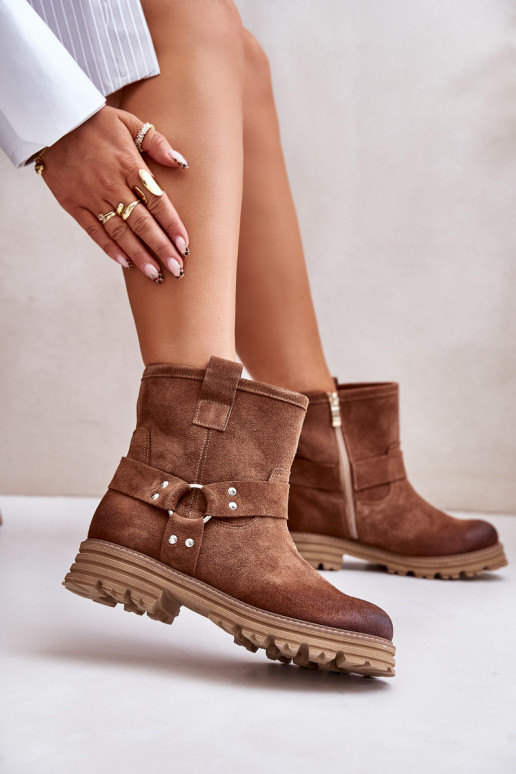 Zomšiniai batai Moteriškas su plačiais kulniukais LeĮskis 3610 rudos spalvos