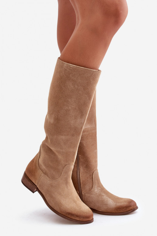 iš zomšos moteriški ilgaauliai batai Blauzdos vidurys Į Pilį LeĮskis 3616 smėlio spalvos