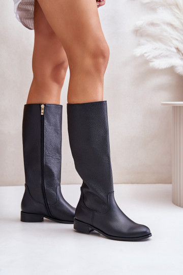 Odiniai moteriški ilgaauliai batai iki blauzdos vidurio juodos spalvos LeĮskis 3616
