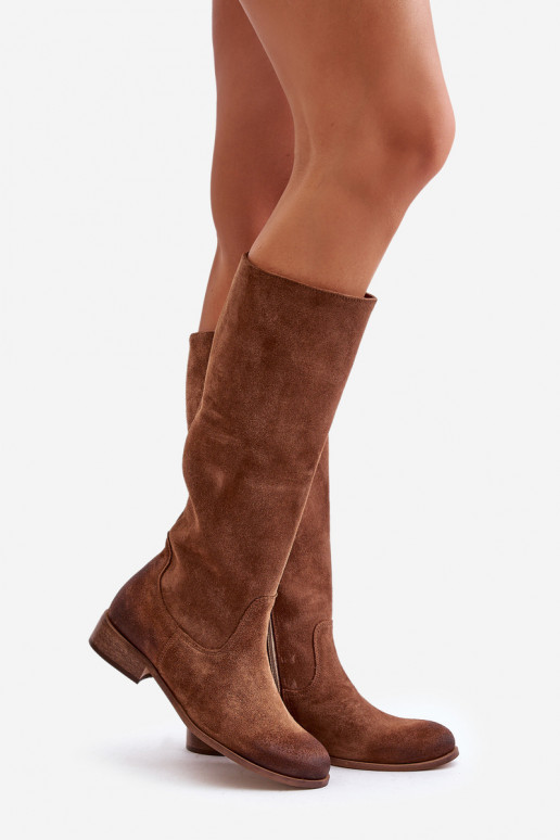 iš zomšos moteriški ilgaauliai batai Blauzdos vidurys Į Pilį LeĮskis 3616 rudos spalvos