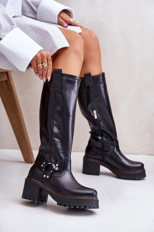 Oda moteriški ilgaauliai batai Prieš Kelį LeĮskis 3432 juodos spalvos