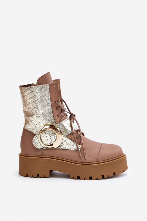 Zazoo 2942 Oda Darbiniai kulkšnies batai su aukso spalvos sagtimis smėlio spalvos Zazoo 2942 Oda Darbiniai kulkšnies batai su aukso spalvos sagtimis smėlio spalvos