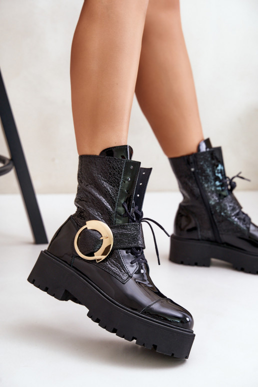 Zazoo 2942 Oda Darbiniai kulkšnies batai su aukso spalvos sagtimis juodos spalvos Zazoo 2942 Oda Darbiniai kulkšnies batai su aukso spalvos sagtimis juodos spalvos