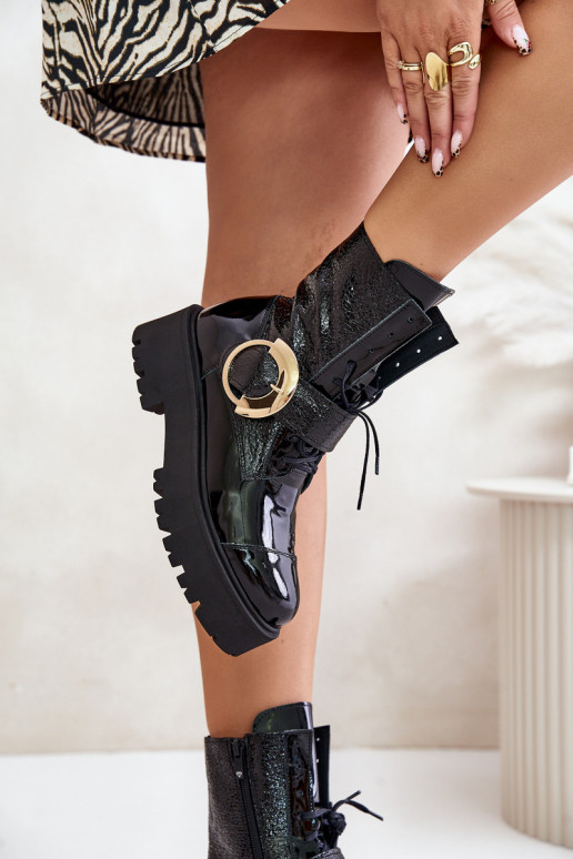 Zazoo 2942 Oda Darbiniai kulkšnies batai su aukso spalvos sagtimis juodos spalvos Zazoo 2942 Oda Darbiniai kulkšnies batai su aukso spalvos sagtimis juodos spalvos