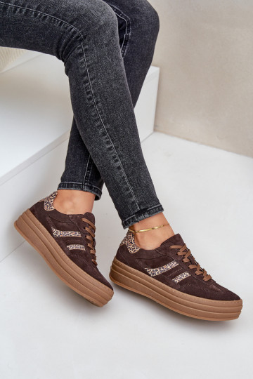 Zazoo N1176 iš zomšos Sneakers modelio batai su platforma su leopardo kailio raštais CzekoladoĮe