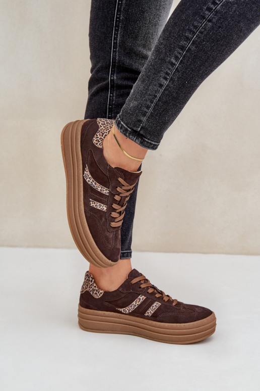 Zazoo N1176 iš zomšos Sneakers modelio batai su platforma su leopardo kailio raštais CzekoladoĮe