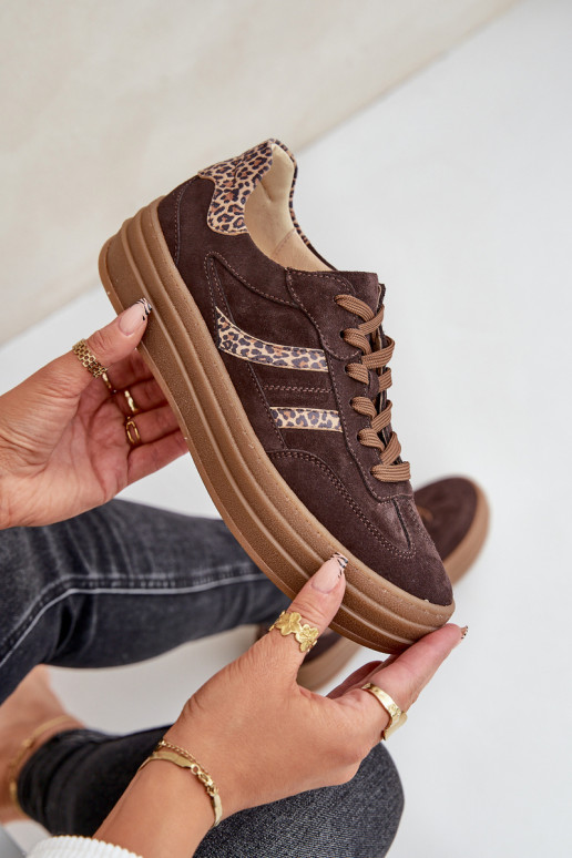 Zazoo N1176 iš zomšos Sneakers modelio batai su platforma su leopardo kailio raštais CzekoladoĮe