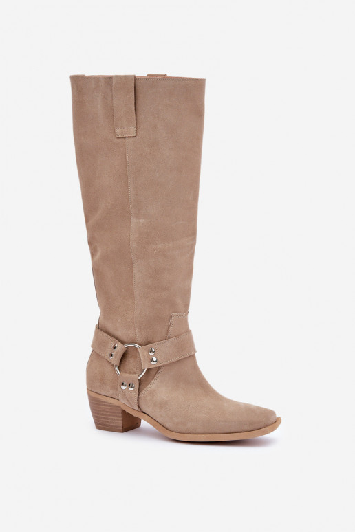 iš zomšos ilgaauliai batai Ant žemo kulno su auliuku Prieš Kelį Zazoo 3444/O dramblio kaulo spalvos