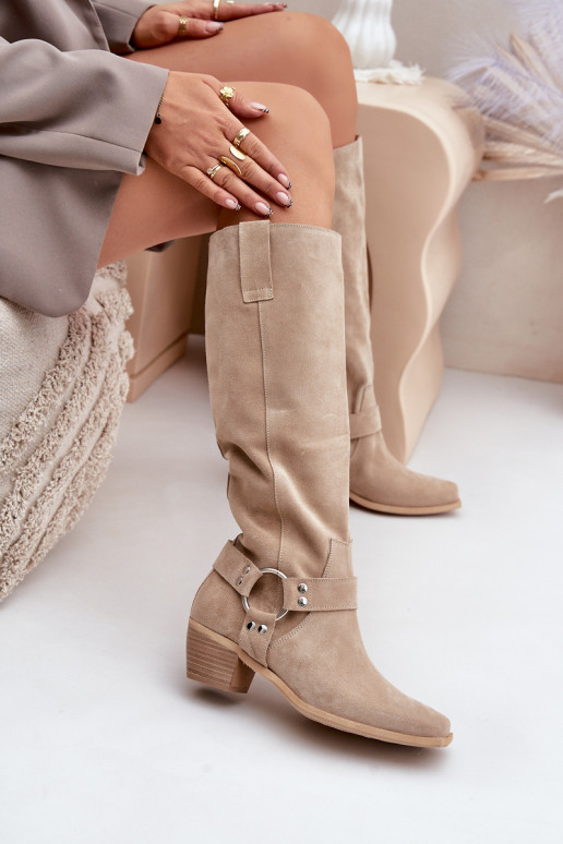 iš zomšos ilgaauliai batai Ant žemo kulno su auliuku Prieš Kelį Zazoo 3444/O dramblio kaulo spalvos