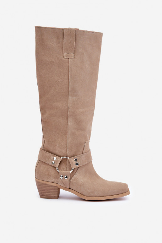 iš zomšos ilgaauliai batai Ant žemo kulno su auliuku Prieš Kelį Zazoo 3444/O dramblio kaulo spalvos