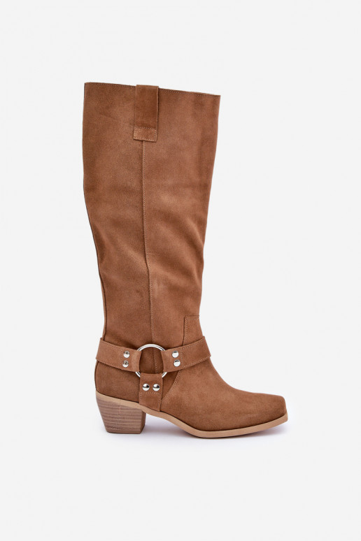 iš zomšos ilgaauliai batai Ant žemo kulno su auliuku Prieš Kelį Zazoo 3444/O rudos spalvos