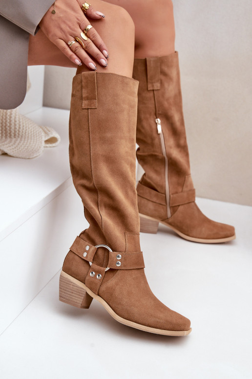 iš zomšos ilgaauliai batai Ant žemo kulno su auliuku Prieš Kelį Zazoo 3444/O rudos spalvos