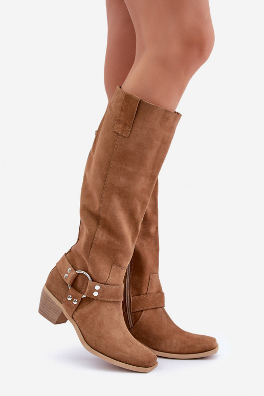 iš zomšos ilgaauliai batai Ant žemo kulno su auliuku Prieš Kelį Zazoo 3444/O rudos spalvos