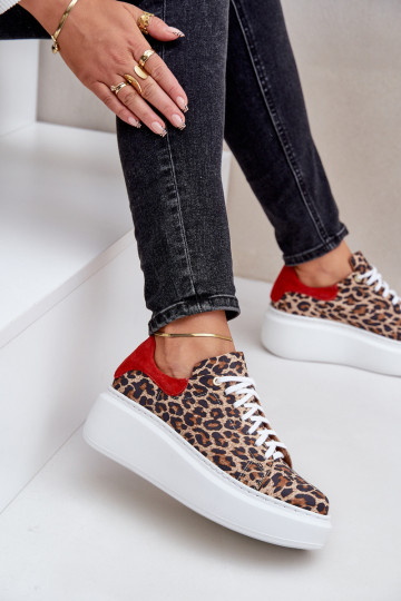 Odiniai sportiniai batai su platforma ir leopardo kailio raštais Zazoo 3346 rudos-raudonos spalvos