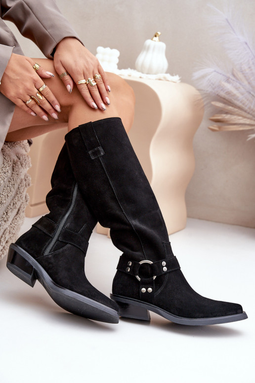 iš zomšos ilgaauliai batai kaubojiško stiliaus Ant žemo kulno su ornamentais Zazoo 3656 juodos spalvos iš zomšos ilgaauliai batai kaubojiško stiliaus Ant žemo kulno su ornamentais Zazoo 3656 juodos spalvos