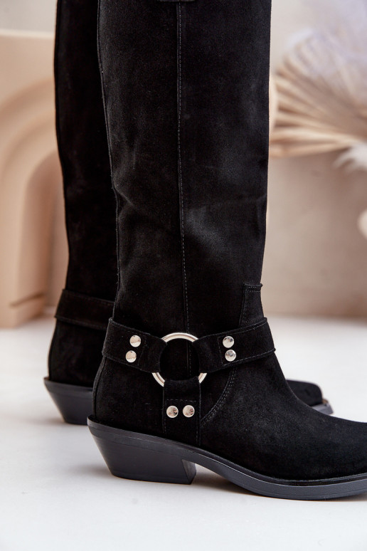 iš zomšos ilgaauliai batai kaubojiško stiliaus Ant žemo kulno su ornamentais Zazoo 3656 juodos spalvos iš zomšos ilgaauliai batai kaubojiško stiliaus Ant žemo kulno su ornamentais Zazoo 3656 juodos spalvos