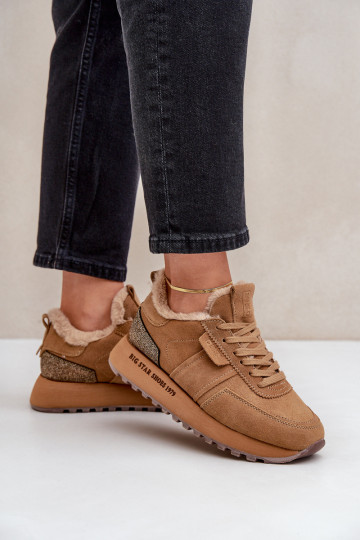 iš zomšos Sneakers modelio batai Moteriškas su kailiuku I Błyszczącym Elementas Big Star OO274578 Hi-Poly System rudos spalvos