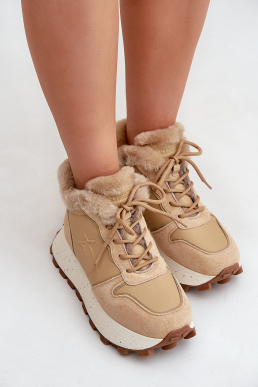 Oda Sneakers modelio batai batai Moteriškas su kailiuku su platforma Big Star OO274A330 smėlio spalvos Oda Sneakers modelio batai batai Moteriškas su kailiuku su platforma Big Star OO274A330 smėlio spalvos