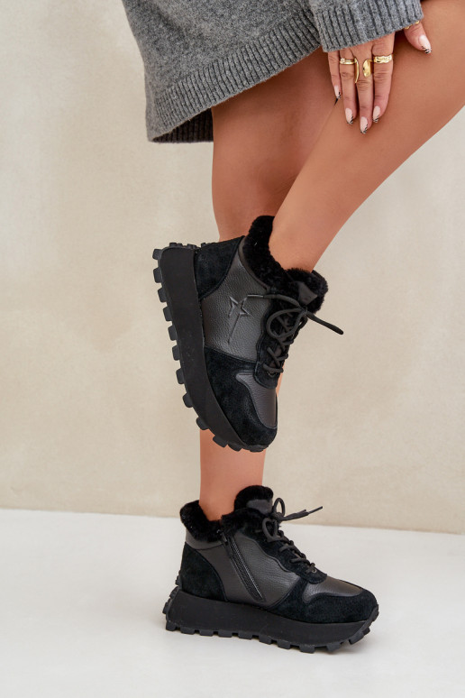 Oda Sneakers modelio batai batai Moteriškas su kailiuku su platforma Big Star OO274A329 juodos spalvos Oda Sneakers modelio batai batai Moteriškas su kailiuku su platforma Big Star OO274A329 juodos spalvos