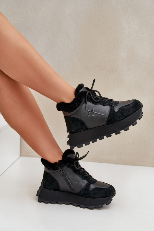 Oda Sneakers modelio batai batai Moteriškas su kailiuku su platforma Big Star OO274A329 juodos spalvos Oda Sneakers modelio batai batai Moteriškas su kailiuku su platforma Big Star OO274A329 juodos spalvos