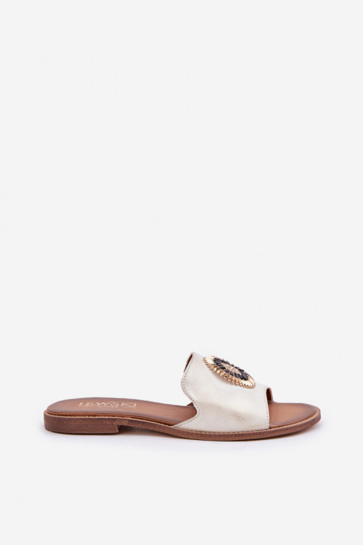 Odinės šlepetės su ornamentais su plačiais kulniukais LeĮskis 3047/O aukso spalvos Przecierany Odinės šlepetės su ornamentais su plačiais kulniukais LeĮskis 3047/O aukso spalvos Przecierany