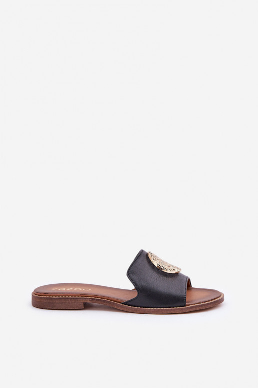 Odinės šlepetės su ornamentais su plačiais kulniukais Zazoo 3047/O juodos spalvos Odinės šlepetės su ornamentais su plačiais kulniukais Zazoo 3047/O juodos spalvos