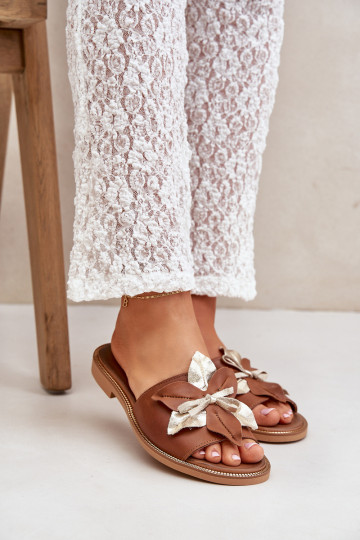 Šlepetės su ornamentais natūralios odos Zazoo 3574/Z rudos spalvos