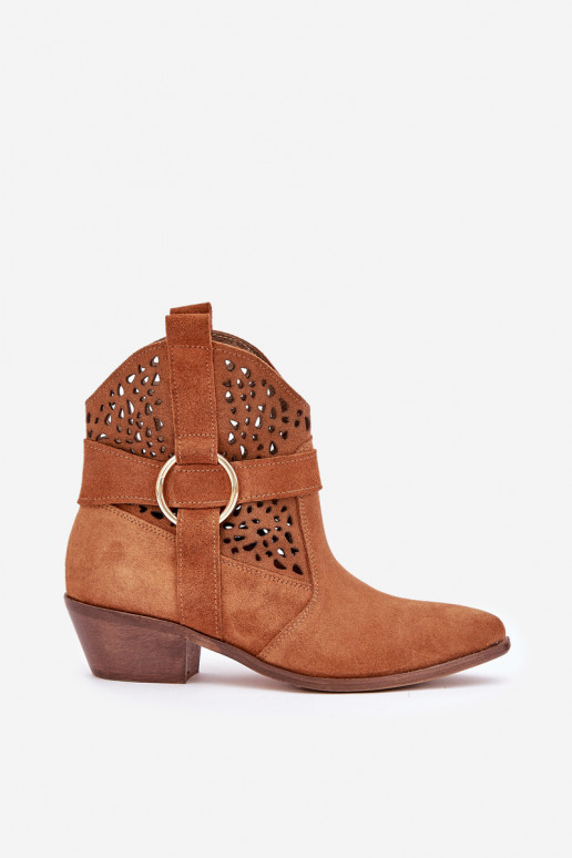 Zomšiniai batai kaubojiško stiliaus su aužūro elementais su kulniukais Zazoo 2994 rudos spalvos