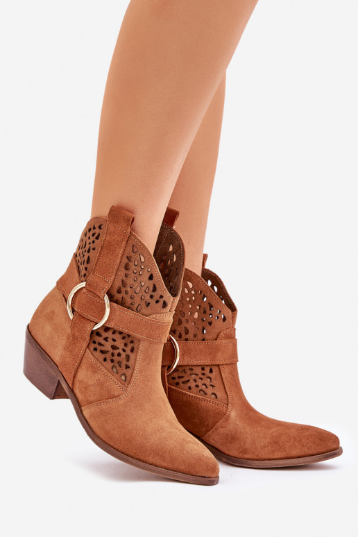 Zomšiniai batai kaubojiško stiliaus su aužūro elementais su kulniukais Zazoo 2994 rudos spalvos