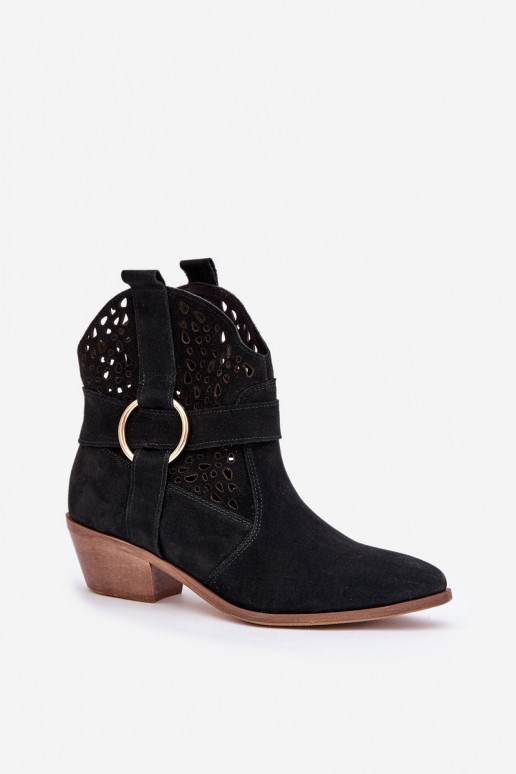 Zomšiniai batai kaubojiško stiliaus su aužūro elementais su kulniukais Zazoo 2994 juodos spalvos