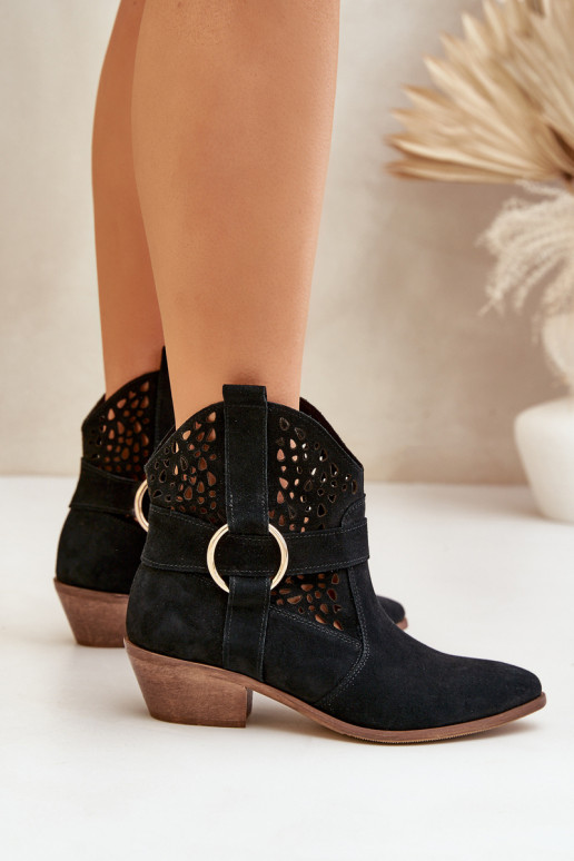 Zomšiniai batai kaubojiško stiliaus su aužūro elementais su kulniukais Zazoo 2994 juodos spalvos