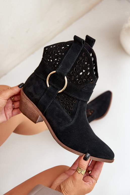 Zomšiniai batai kaubojiško stiliaus su aužūro elementais su kulniukais Zazoo 2994 juodos spalvos